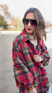 Flannel Season Oversized Raw Seam Top- Red Combo