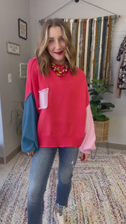 Harley Colorblock Knit Sweater- Coral Red Multi