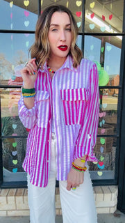 Presley Mixed Stripes Button-Up Top- Pink